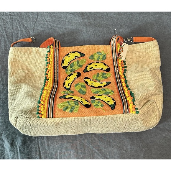 America & Beyond NWT‎ Go Bananas Large Tote Bag Hand Beaded Tropical 20" x 13" - Picture 1 of 10